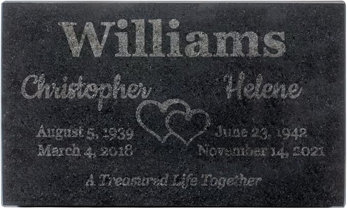 PlaqueMaker Black Granite Memorial Headstone for Two Lost Loved - Great for Your Garden, Tree Dedication, or in a Cemetery. Includes Your Text and Select Clipart (10 x 6 x 2)