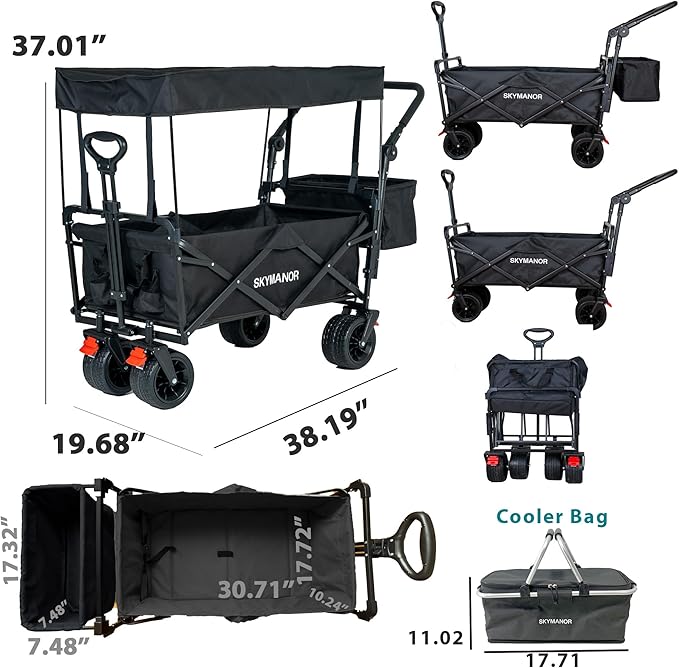 SKYMANOR Collapsible Wagon Folding Garden Cart with Removable Canopy Utility Wagon Cart with All-Terrain Wheels Brake Beach Cart for Sand Heavy Duty Beach Wagon for Camping Shopping (Black)