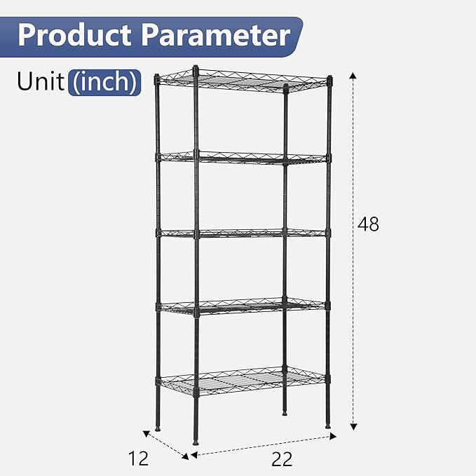 FDW 5 Tier 22L x 12W x 48H Pantry Shelves Adjustable Storage Rack Metal Shelf NSF Shelving Units for Kitchen Garage Small Places Commercial,Black