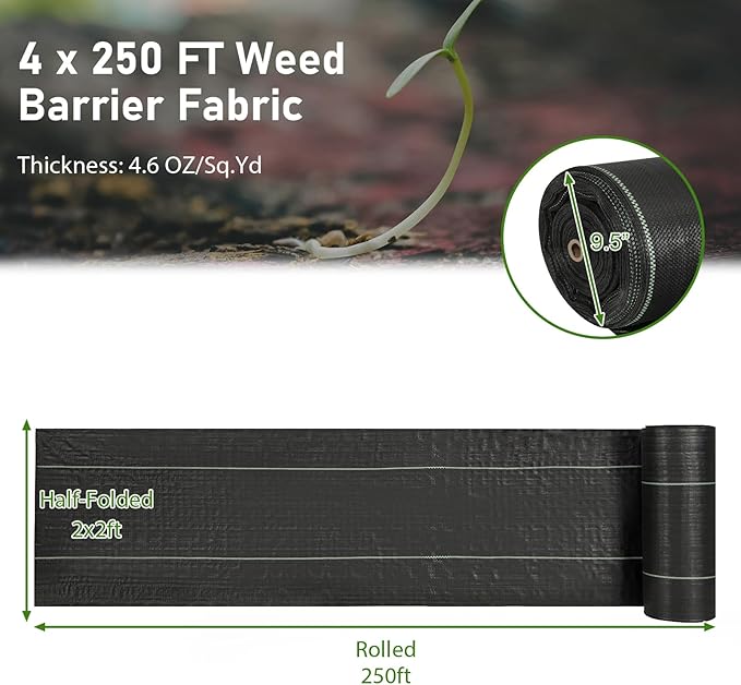 4FT x 250FT Weed Barrier Fabric, 4.6oz Landscape Fabric Heavy Duty Weed Barrier, High Permeability Ground Cover Geotextile Fabric Weed Cloth for Garden, Farm & Driveway