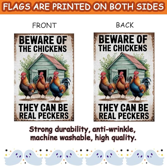 Fokongna Funny Garden Flag, Beware Of The Chickens Farm Funny Chicken Garden Flag, 12x18 Inch Burlap Vertical Double Sided Flags, for Home Yard Outside Decorations