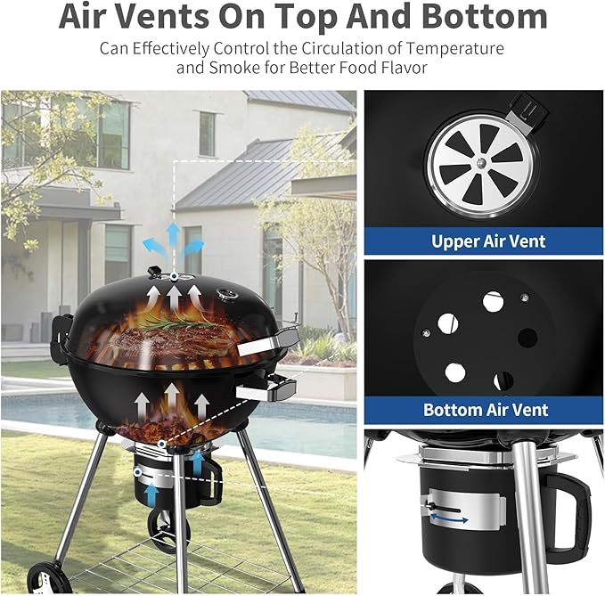 22.5-Inch Portable Charcoal Grill, Heavy Duty Kettle BBQ Smoker with Built-in Thermometer & Removable Water-Rinsable Ash Catcher for Outdoor Camping, Patio, Backyard, and Tailgating