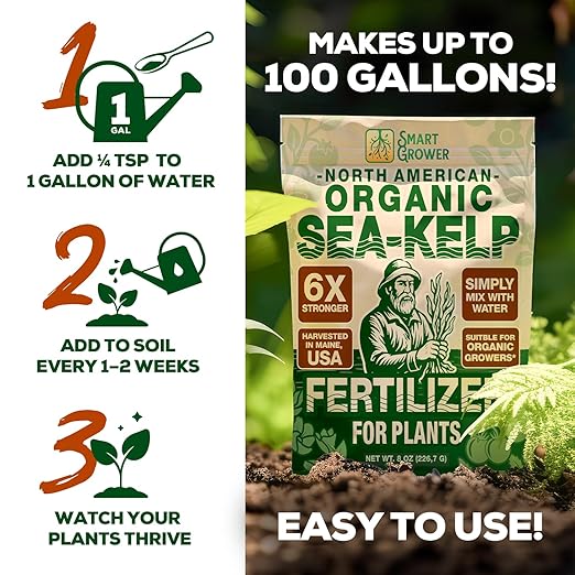 Organic Sea Kelp Fertilizer for Plants – Water-Soluble – Makes 200 Gallons – Kelp Meal Concentrate Plant Food – for Indoor Gardens, Hydroponics, Vegetables, Houseplants - Smart Grower - 8oz Bag