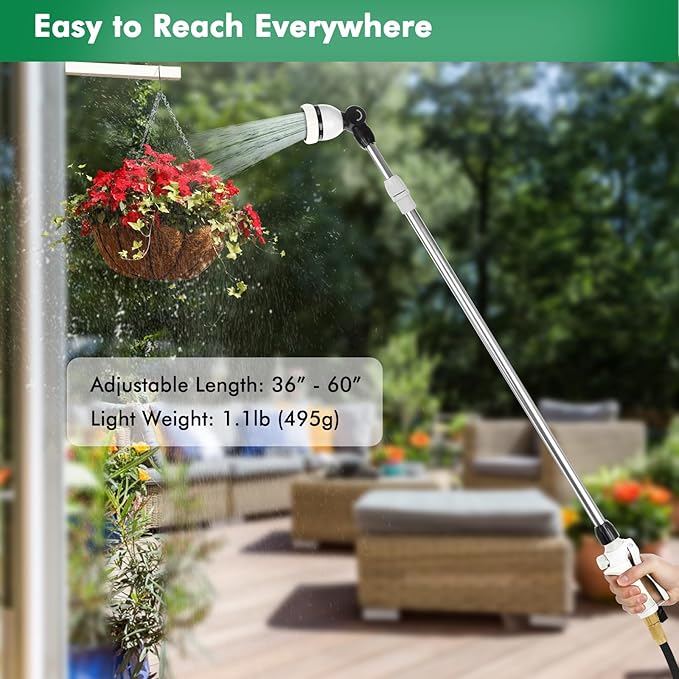 RESTMO 36”-60” Metal Watering Wand, Long Telescopic Tube | 180° Adjustable Ratcheting Head | 7 Spray Patterns | Flow Control, Garden Hose Sprayer to Water Hanging Baskets, Shrubs, White