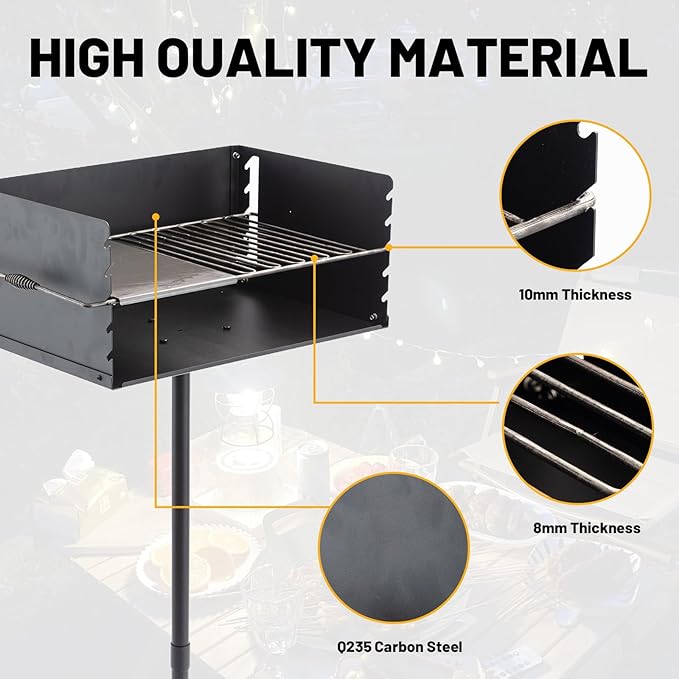 Park-Style Charcoal Grill Heavy Duty Steel Outdoor BBQ Grill with Grate and Single Post Outdoor Cooking Backyard Barbecues Camp Grilling 16x16x8 Inch