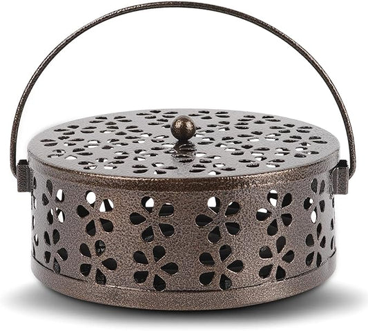 Portable Iron Mosquito Coil Holder with Handle Round Heat-Resistant Incense Holder for Home Office Camping (Bronze)