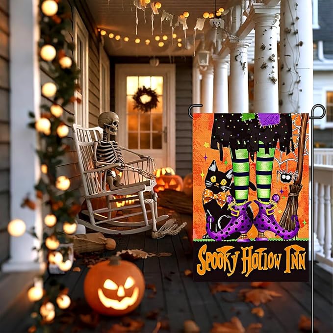 Halloween Black Cat Garden Flags for Outside 12x18 Inch Double Sided Burlap, Spooky Hollow Inn Welcome Sign Small Flag Farmhouse Holiday Yard Lawn Outdoor Decorations DF874