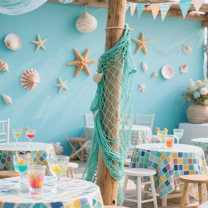 2 Pack Fish Net Decorations for Party, Natural Cotton Hawaiian Party Fishing Net Decorative, Nautical Themed Cotton Fishnet Under The Sea Pirate Ocean BeachHalloween Decor Blue