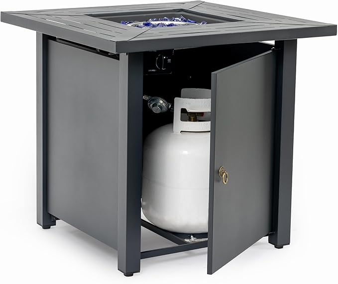 30'' Propane Fire Pit Table, 50,000 BTU Fire Table with Steel Lid, Big Legs, Blue Glass Stones.