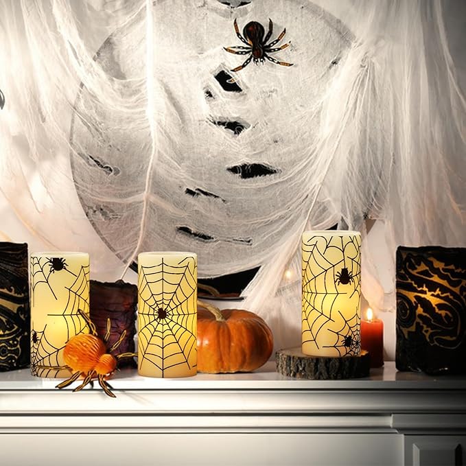 Eldnacele Halloween Flameless Candles with Timer,Battery Operated Spider Cobweb Decal Flickering Candles Real Wax LED Pillar Candle Set of 3 for Holiday Indoor Home Spooky Decor(3×6 Inches)