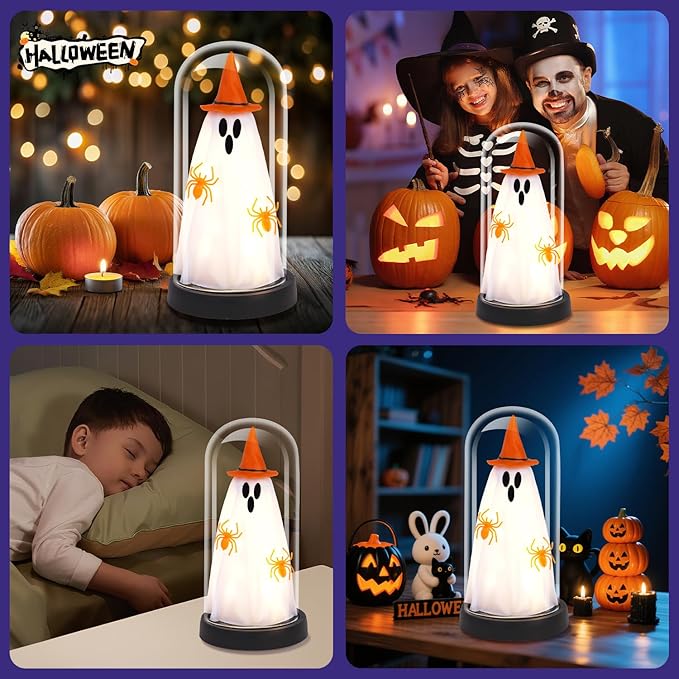 Halloween Decor-Halloween Decorations Indoor-Light Up Ghost in Glass Cloche-Cute Ghost with Light for Home Kitchen Mantel Tabletop Party Decor- Ghost-Orange
