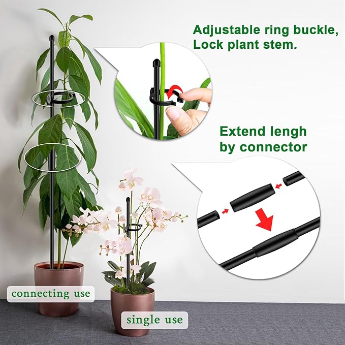 Plant Stakes 17inch &11inch SupKing Adjustable Length Plant Support Stake 16Pcs Black Orchid Stick with Clips for Indoor Outdoor,Garden Pole for Potted Tomato Amaryllis Vegetables with 20 Ties