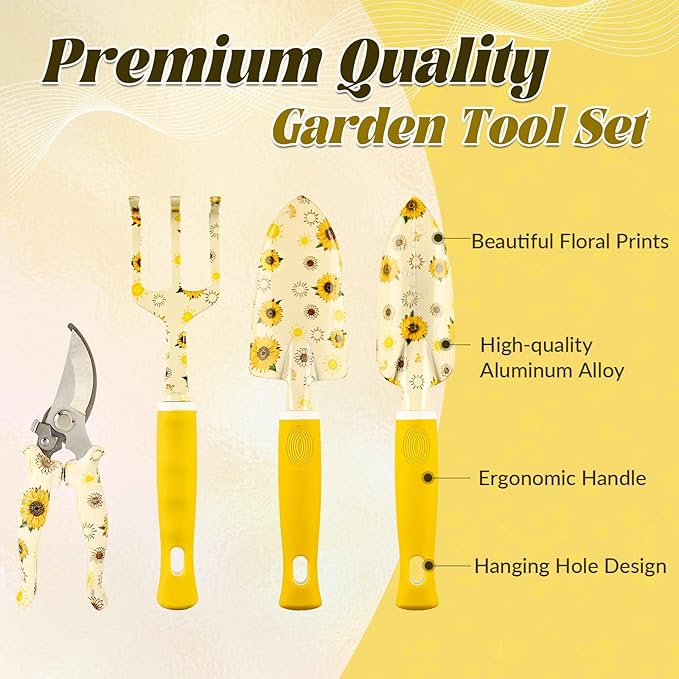 Gardening Gifts for Women, Gardening Tools for Women, 9 PCS Sunflower Garden Tools Set Kit with Garden Tool Bag, for Gardener Mom Grandma Aunt, Yellow