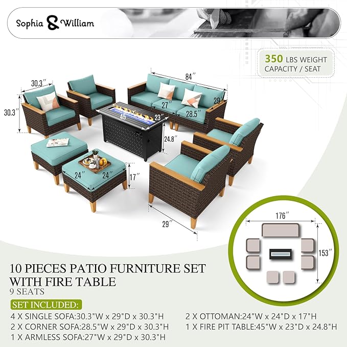 Sophia & William Patio Furniture Set with Fire Pit Table, 10 Piece Outdoor Wicker Furniture Sectional Sofa, Extra Large Patio Rattan Conversation Set with Ottoman & 45" Fire Pit Table(Aqua Blue)