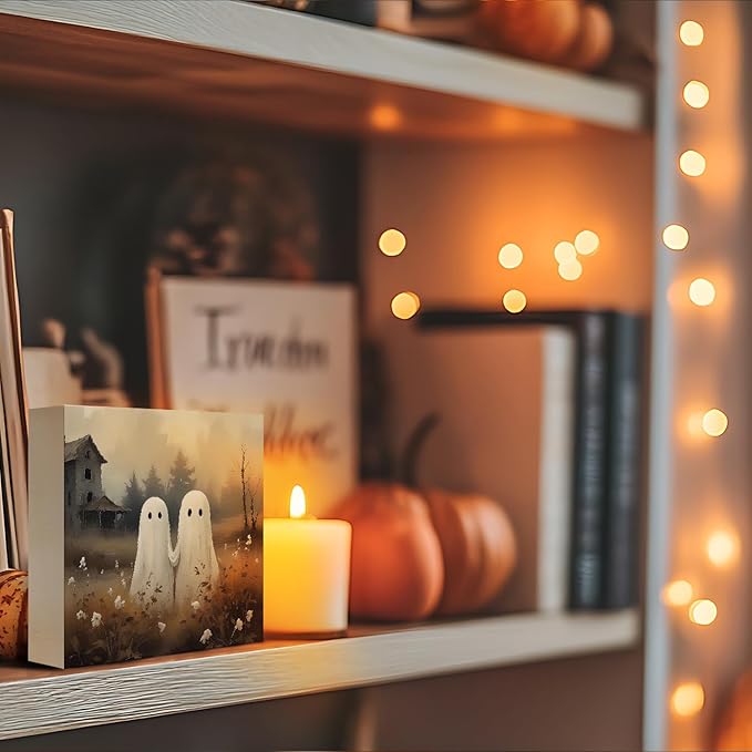 Mtrgdn Cute Halloween Decor,Halloween Decorations Indoor,Spooky Ghost Desk Decor Wooden Box Sign,Halloween Home Office Kitchen Bathroom Bedroom Coffee Bar Table Shelf Wall Decorations,5x5 Inch