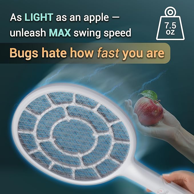 Electric Fly Swatter, Bug Zapper, Mosquito Zapper Racket | Gold Zone Voltage, Densest 3 mm Mesh, Apple-Like Weight - AA Battery Powered (not incl.) - Indoor & Outdoor Use with Pro Swat Tips