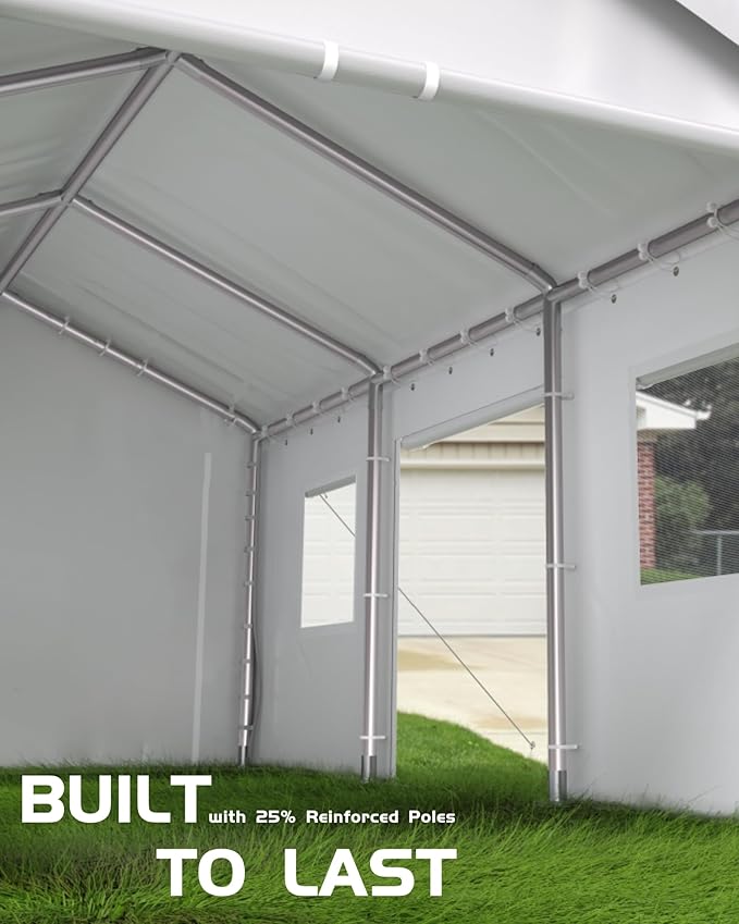 10 x 20 Ft Heavy-Duty Carport, Portable Garage, 180g PE Waterproof Canopy and 8 x 1.0 mm Poles for Full-Size Pickup Trucks, Boats, and SUVs - White