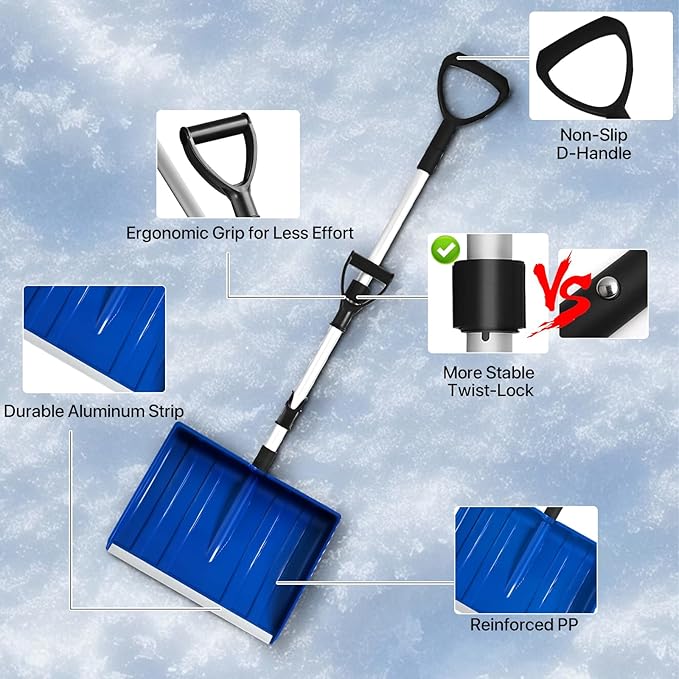 Ergonomic Snow Shovel for Driveway and Car, 51 Inch Long Heavy Duty Snow Shovels for Snow Removal with Assist Handle, Large Capacity Lightweight Winter Tool for Garage, Camping