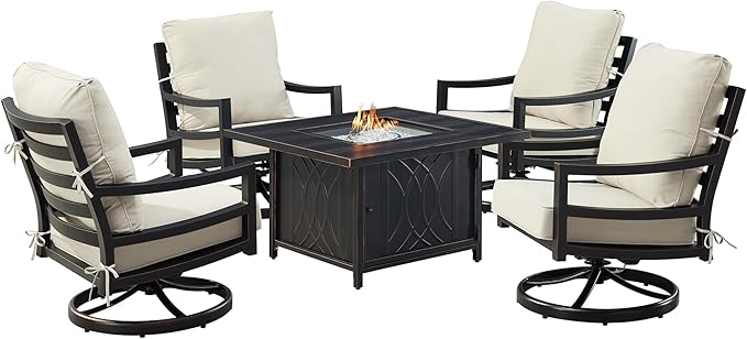 Oakland Living Black Aluminum Patio Fire Table Set with Four Club Chairs with Light Grey Cushions
