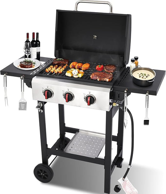 3-Burner Propane Gas Grill with Cast Iron Grates, 252 Sq. In. BBQ Grilling Space, Foldable Side Shelves for Portable Outdoor Patio Camping, Black