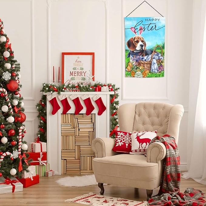 Beagle Dog Flower Happy Easter Bunny Cute Egg Garden Flag Welcome Party Outdoor Outside Decorations Picks Home House Garden Yard Decor 12x18 Inch