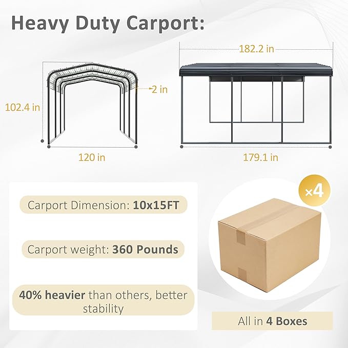 MUPATER Outdoor Carport Canopy 10' x 15', Metal Carport Tent Heavy Duty, Garage Car Shelter Shade with Metal Roof, Frame and Bolts for Car, Truck and Boat, Grey and Silver