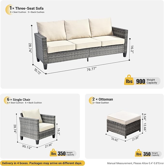 ovios Patio Furniture Set, 9 Pieces Outdoor Wicker Sofa Couch with 6 Chairs, Ottomans and Comfy Cushions, All Weather High Back Rattan Conversation Set, Beige