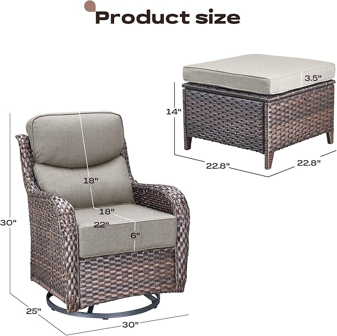 Wicker Outdoor Patio Furniture Set - 4 Piece Patio Conversation Set with Swivel Rocker Chairs and Ottomans, 6 inch Cushions, High Back, Deep Seating, for Porch Deck Garden Brown/Beige