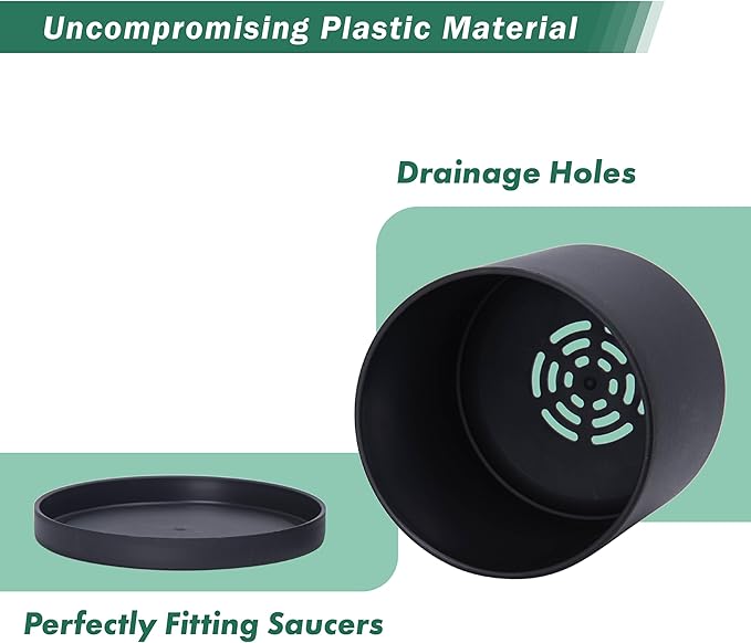 D'vine Dev 2 Pack 5.5 Inch Modern Plastic Plant Pots, Small Garden Planters for Plant with Drainage Holes and Saucers, Black Color, 74-Y-H-1