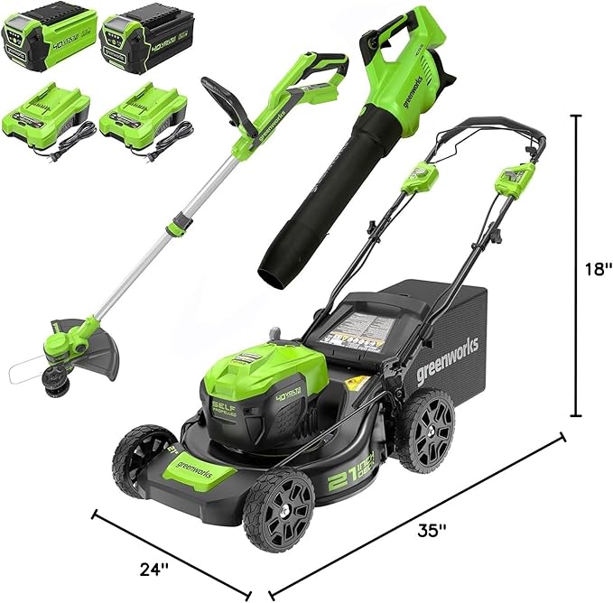 Greenworks 40V 21" Self-Propelled Mower,Axial Leaf Blower,12" String Trimmer with Batteries and Chargers