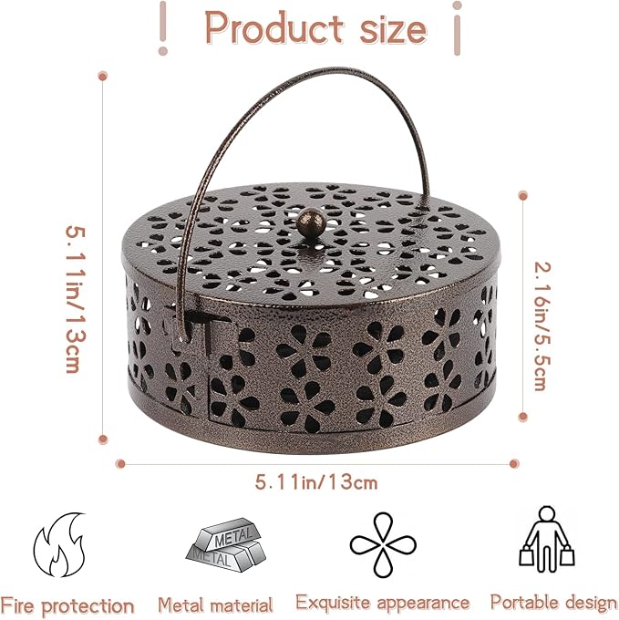 Portable Iron Mosquito Coil Holder with Handle Round Heat-Resistant Incense Holder for Home Office Camping (2Pack Bronze)