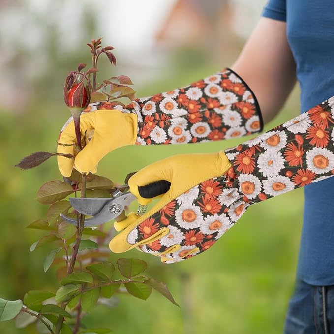 Long Gardening Gloves for Women Thorn Proof,Rose Pruning Cowhide Leather Garden Gloves for Cactus, Rose and Blackberry