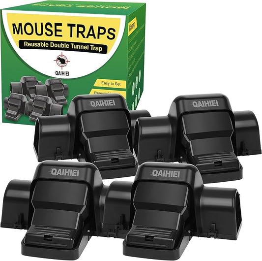 Rat Chipmunk Traps, Reusable Dual-Entry Tunnel Traps for Rats Mice Better Capture Rate, Covered Snap Trap for Humane Kill Indoor Outdoor for Home, Farm, Restaurants, 4 Pack