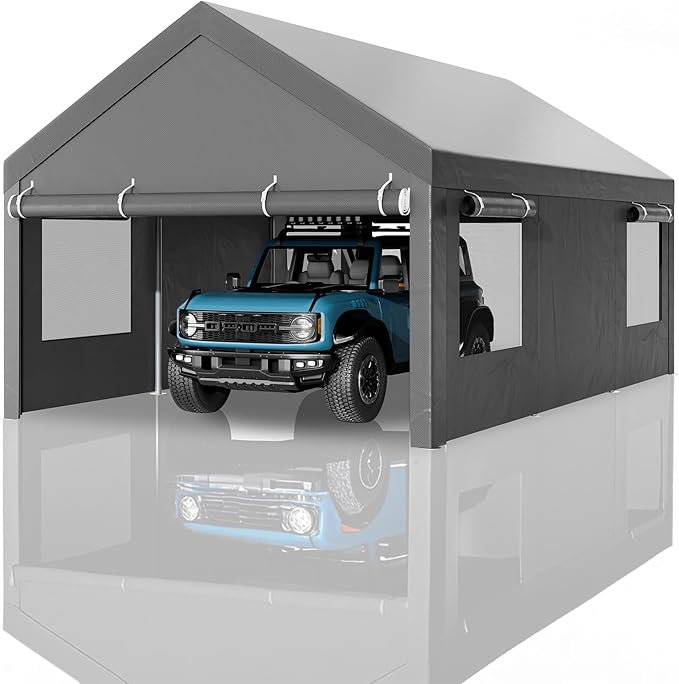 Nuturelly 10x20 FT Carport, Heavy Duty Carport Canopy with Roll-up Windows, Portable Garage with Removable Sidewalls & Doors, Car Canopy with All-Season PE Tarp for Car, Truck, Boat(Gray)