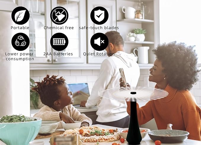 Fly Swatter for Outside or Inside Meal, Picnic Fan for Table Use, Fly Fans for Tables, Barbeque, Events, Battery Operated Food Spinning Fan