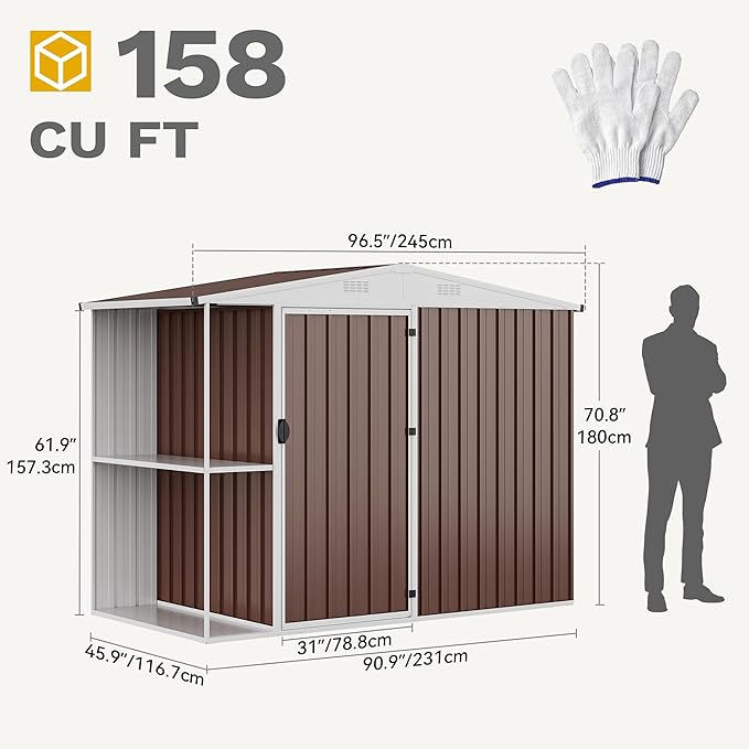 DWVO Outdoor Storage Shed 8x4FT with Rack, Metal Garden Shed with Storage Shelves, Bike Storage Tool Cabinet Box for Lawn Backyard Patio Use, Brown