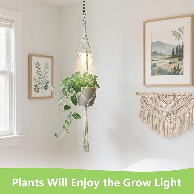 Macrame Plant Hanger with Grow Light: 2 Pack Sturdy Hanging Planters for Indoor Plants, Cute Plant Holder with Plant Light, Perfect for Different Size Pots (Daylight Spectrum)