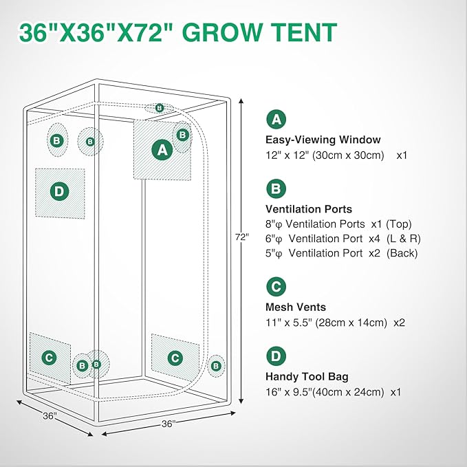 Yesker 3x3 Grow Tent 36"x36"x72" High Reflective Mylar Indoor Growing Tents 600D Oxford Cloth with Observation Window and Removable Floor Tray for Hydroponics Indoor Plants Fruit Flower Veg Growing
