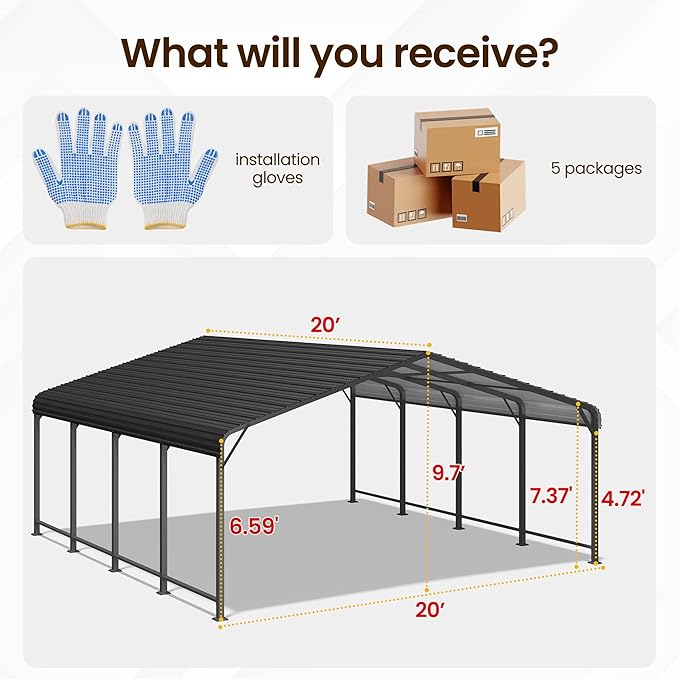 20x20 FT Metal Carport for 2 Cars, Heavy Duty Canopy Carport with Updated Roof & Enhanced Base, Garage Vertaile for RV Car, Truck, Boat, Tractors, Party, Grey