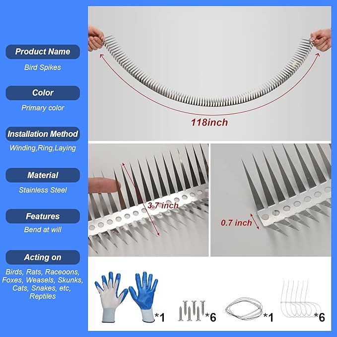 Squirrel Baffle Spikes, Stainless Steel Anti Climb Strips for Bird Feeder Pole, Raccoon and Squirrel Deterrent, Outdoor Security for Fence, Garden, Roof (60CM)