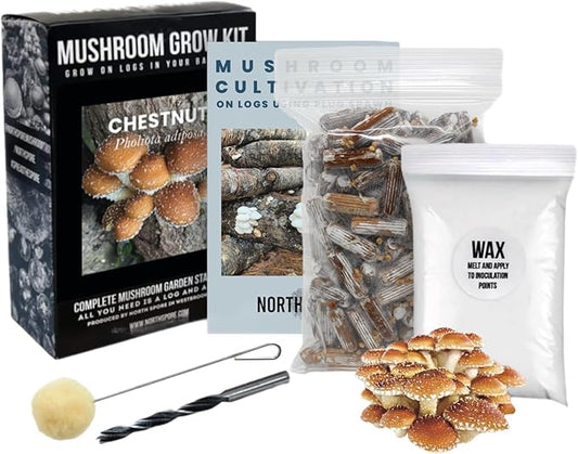 North Spore Organic Chestnut Outdoor Mushroom Log Growing Kit | Includes 100 ct. Bag of Plug Spawn | Complete Log Starter Kit with Instructions | Handmade in Maine, USA