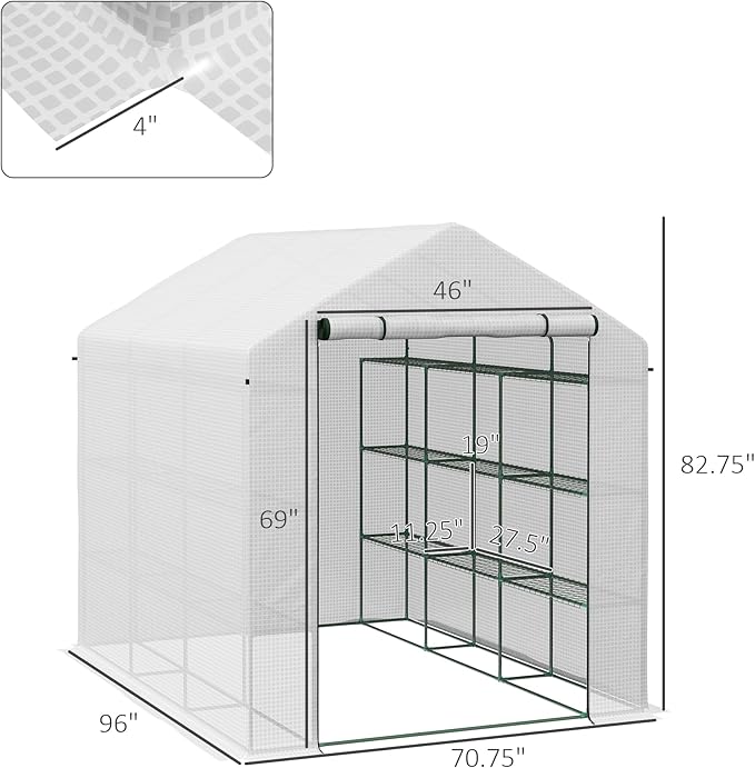 Outsunny 8' x 6' x 7' Walk-in Greenhouse, PE Cover, 4-Tier Shelves, Steel Frame Hot House, Roll-Up Zipper Door for Flowers, Vegetables, Saplings, Tropical Plants, White