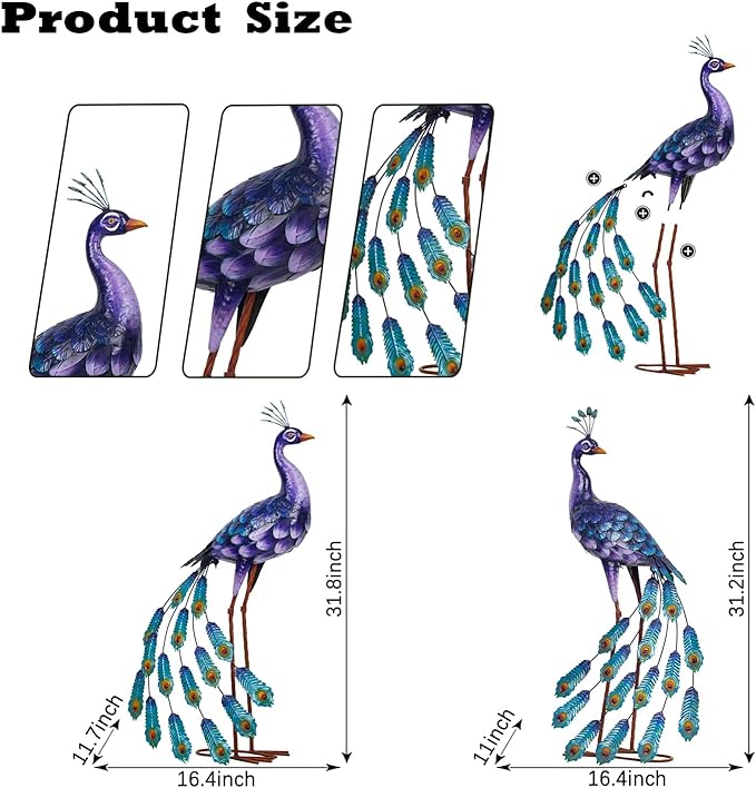 Kircust Purple Peacock Garden Statue and Sculpture, Metal Peacocks Yard Art Lawn Decor, Large Birds Garden Sculptures & Statues for Patio Backyard Pond Home Decoration