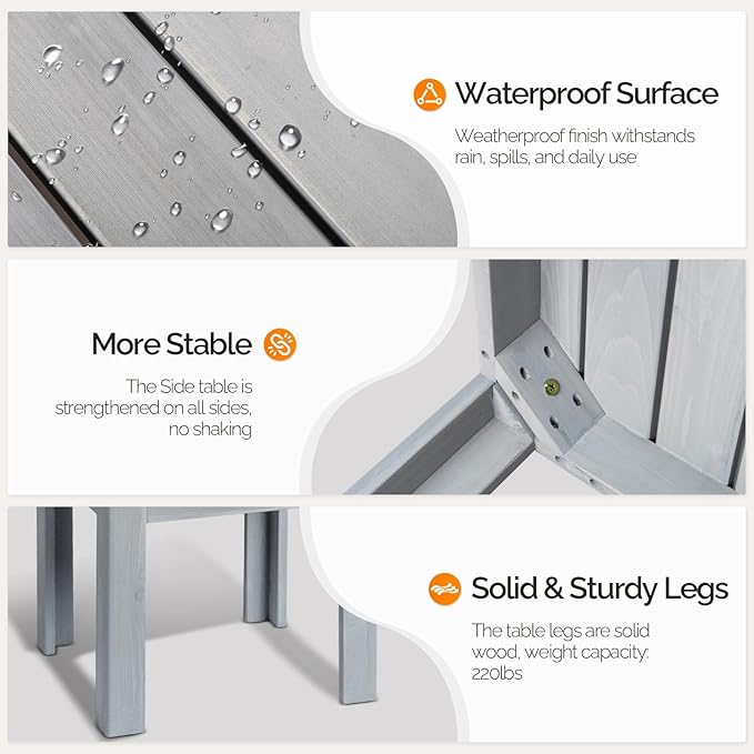 VINGLI Outdoor Adirondack Side Table, 18" Square Thick Wooden Coffee Table, Patio Side Table Conversation End Table for Patio Backyard, Garden, Poolside and Balcony (Grey)