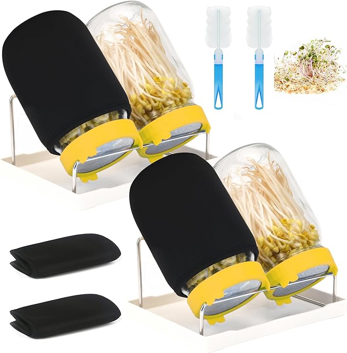 Lulonpon Sprouting Kit, 4 Sprouting Jar Kits, Wide Mouth Quart Mason Jars with Stainless Steel Screen Sprout Lids,1000ml Sprouts Growing Kit, Seed Sprouter Set for Growing Broccoli, Bean, Alfalfa ﻿