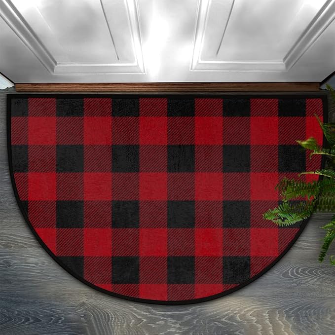 cfpolar Christmas Half Round Door Mat Buffalo Plaid Check Pattern Half Circle Mat Fireplace Rug Non-Slip Area Rug Low Profile Semicircle Doormats for Hearth Entry Garage Patio High Traffic Areas