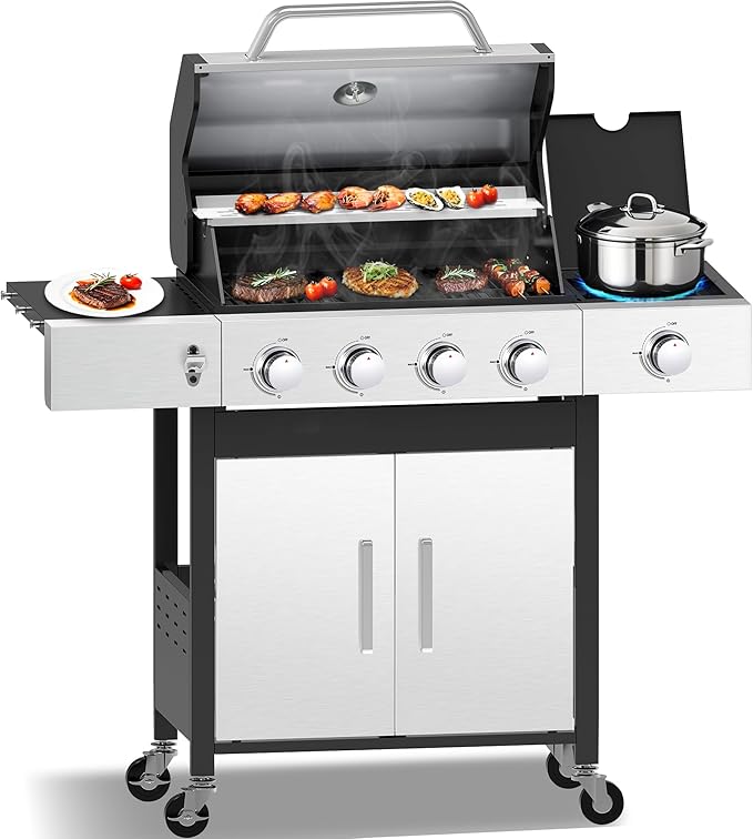 CIG GARDEN 4 Burner Propane Gas Grill with Side Burner,3 in 1 Propane Gas BBQ Grill,Double-layer Stainless Steel BBQ Grill Lid with Cast Iron Grates,52000 BTU Output for Camping, Patio, Backyard