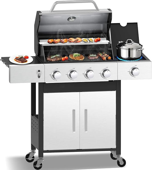 CIG GARDEN 4 Burner Propane Gas Grill with Side Burner,3 in 1 Propane Gas BBQ Grill,Double-layer Stainless Steel BBQ Grill Lid with Cast Iron Grates,52000 BTU Output for Camping, Patio, Backyard