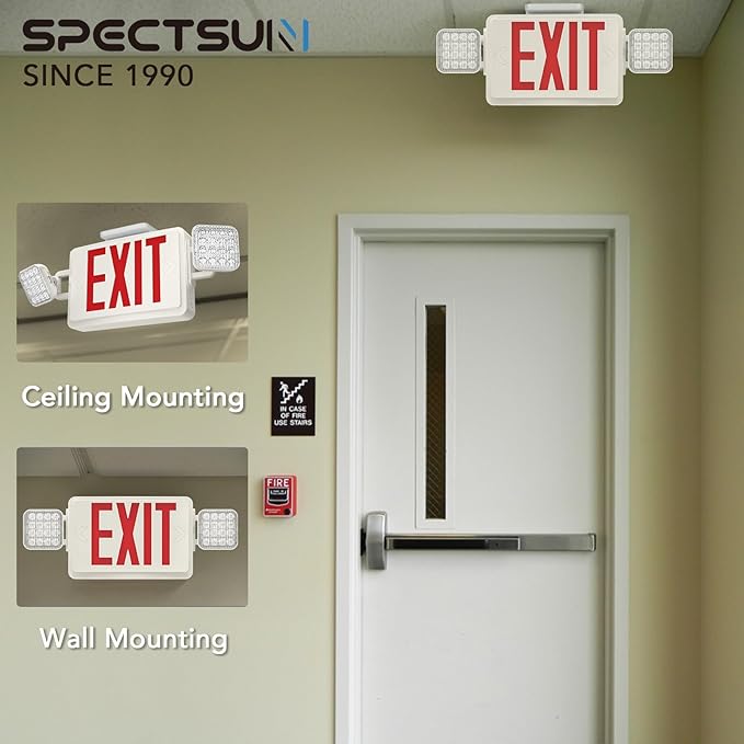 2 Packs LED Red Exit Sign Light Combo with Battery Backup, Red Exit Sign with Emergency Lights, LED Emergency Exit Light with Battery Backup, UL Listed, AC 120/277VC.