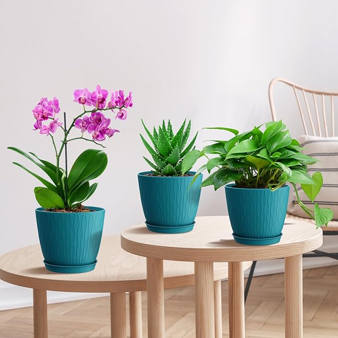6 inch Plant Pots, 5 Pack Flower Pots with Drainage Holes and Saucers for Indoor Plants, Plastic Planters with Water Ripple for Small Garden House Plants, Nursery Pots for Succulent, Blue Green